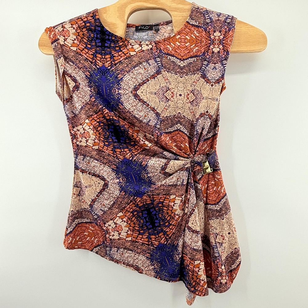 Fylo Blouse Womens Medium Sleeveless Asymmetrical Knit Gold Accent Top Office
